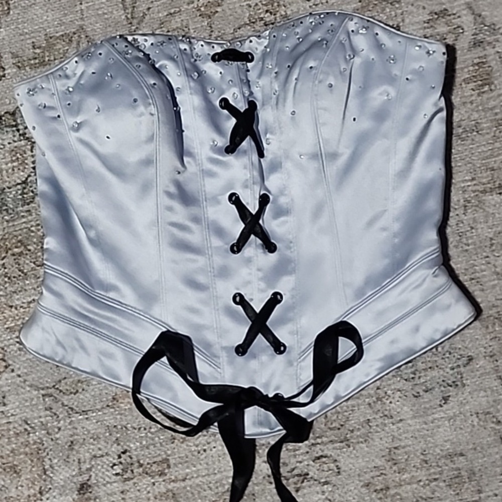 Pinky & Me‎ Satin Corset Top 6 Silver Beaded Lace Up Whimsigoth Rockabilly Retro